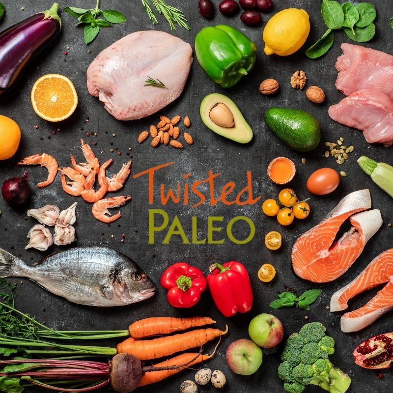 Image of Paleo foods surrounding the words company name Twisted Paleo