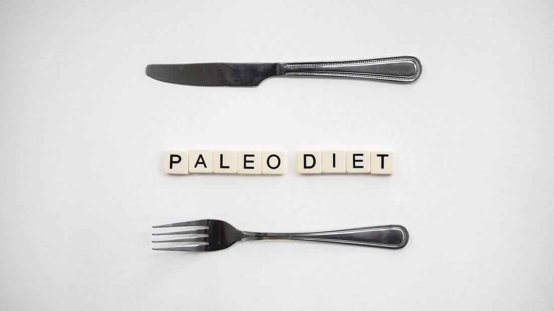 Knife and fork with the words Paleo Diet spelled out in scrabble letters in between them on a white background